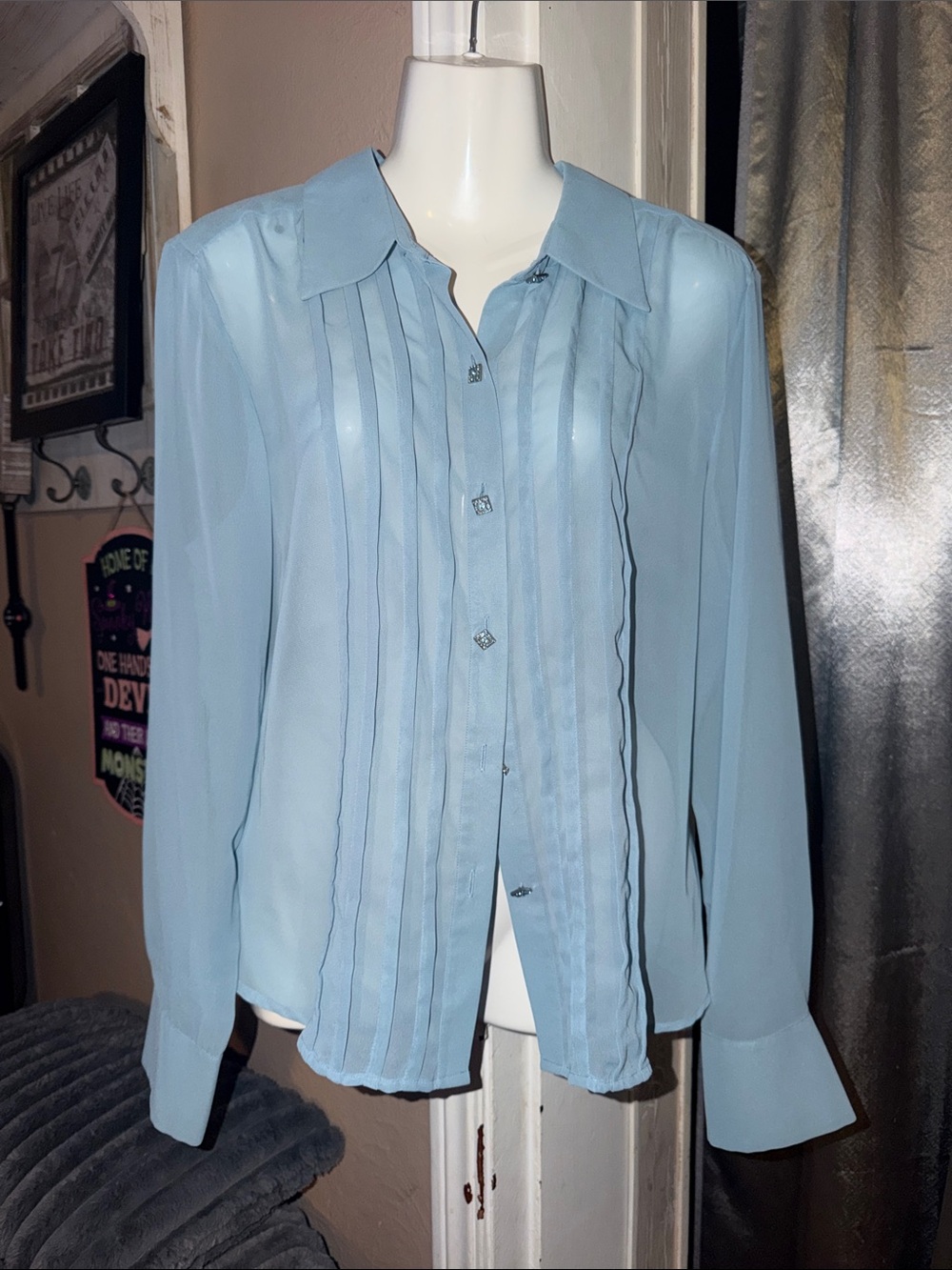 Sheer Light Blue Pleated Front Women's Blouse gorgeous perfect condition Large